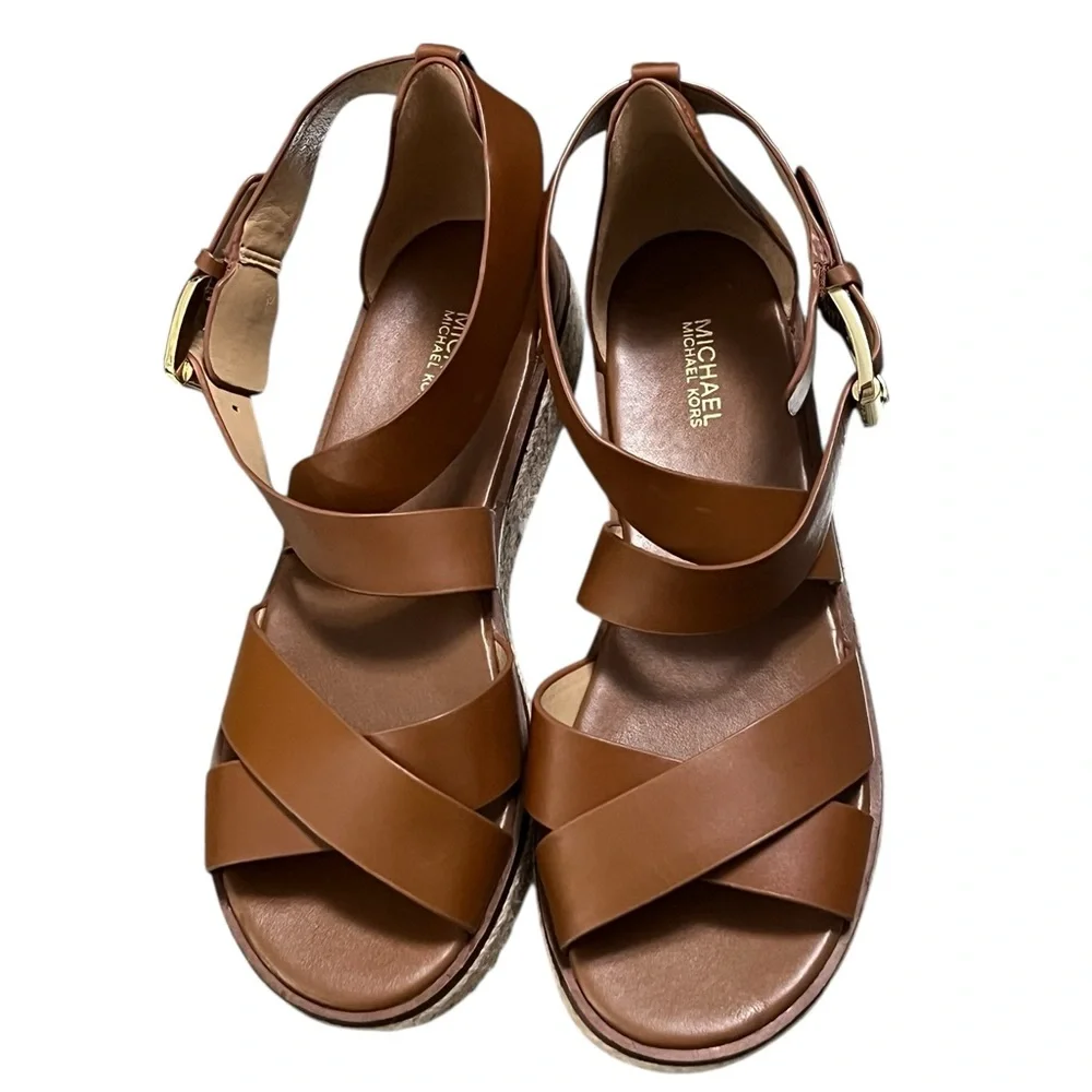 MICHAEL Michael Kors Tan Leather Espadrille Sandals with Gold Buckle